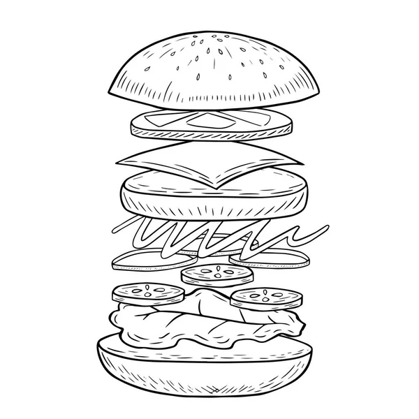 Hamburger met vlees en kaas illustratie door hand, fastfood, smakelijk broodje, iconische voedsel, retro stijl, mode afbeelding, vector image — Stockvector