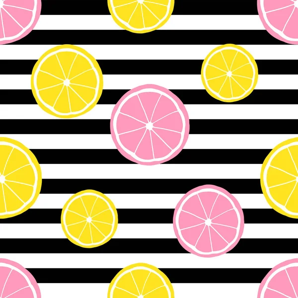 Patrón tropical sin costuras con rodajas de limones amarillos y rosados. Vector de impresión brillante para tela o papel pintado . — Vector de stock