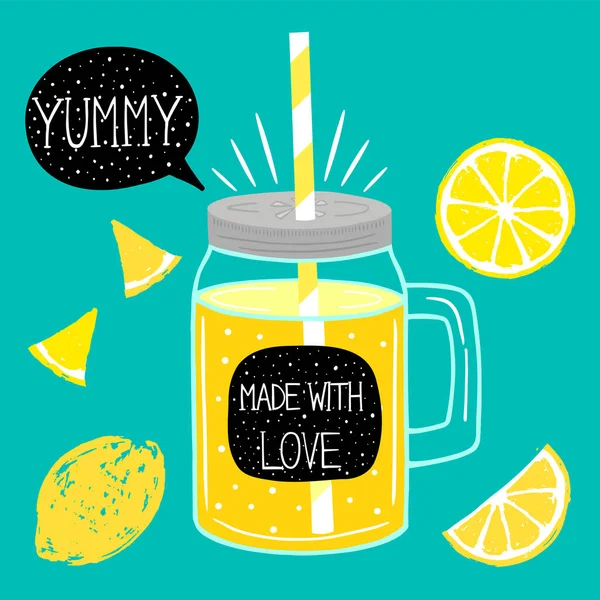 Лимон, банка с лимонадом, ломтик лимона, пузырьки речи с надписью от руки — стоковый вектор