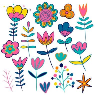 Bahar çiçekleri seti. El çizilmiş vektör çizim. Beyaz arka planda izole edilmiştir. Dekor, kartlar, baskı, Web, poster, afiş, t-shirt için tasarım