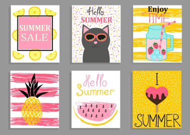 Parlak yaz kartları vektör seti. Kedi, karpuz, dondurma, merhaba ve el yazılı metin ile güzel posterler.