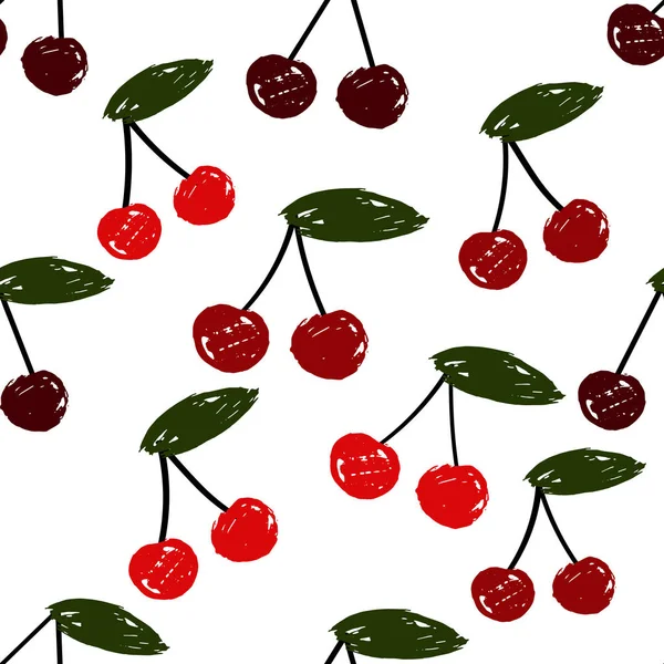 Patrón sin costuras de cereza. Bueno para textiles, envoltura. Cerezas maduras rojas dulces aisladas sobre fondo blanco. Ilustración vectorial . — Vector de stock