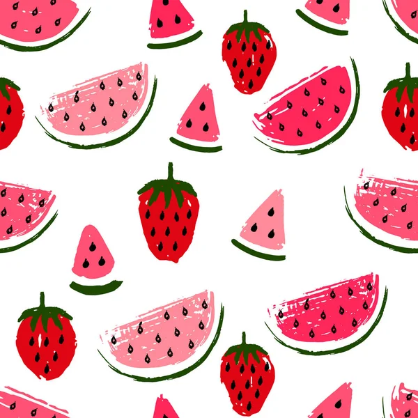 Wassermelonenscheiben und Erdbeermuster auf weißem Hintergrund. — Stockvektor