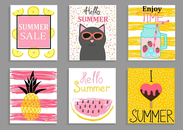 Vektor-Set heller Sommerkarten. wunderschöne Poster mit Katze, Wassermelone, Eis, Hallo und handgeschriebenem Text. — Stockvektor