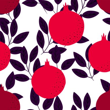 Kırmızı nar ile tropikal dikişsiz desen. Kumaş veya duvar kağıdı için vektör parlak baskı.