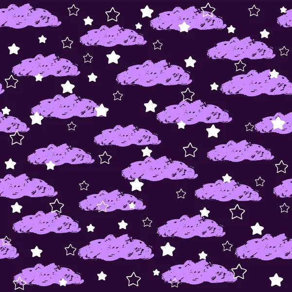 Nubes y estrellas abstractas sobre un fondo púrpura. Nubes fondo de pantalla gráfico. Patrón sin costura . — Archivo Imágenes Vectoriales
