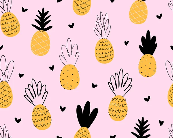 Ananas ve kalpler sorunsuz desen. Sevimli ananas arka plan. Kumaş veya duvar kağıdı için vektör parlak baskı.