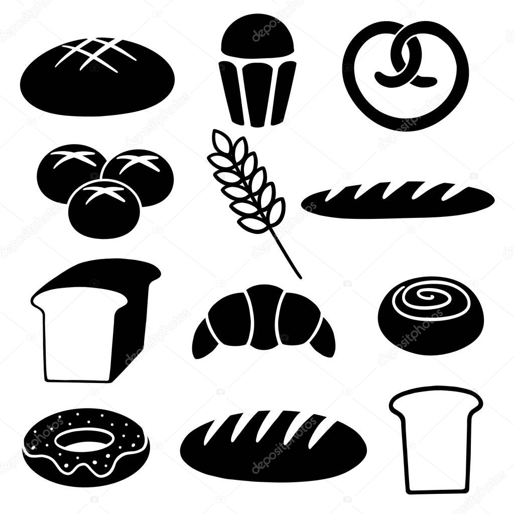Bakery Icons, Set. Toast, baguette, bread, donut, cupcake, bun contour flat icons design. Isolated on white concept vector Illustration
