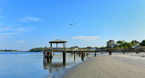 Raised, wood boat dock along a beach — Stock Photo, Image