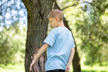 Yaz parkında ağaç gövdesinde duran genç çocuk.