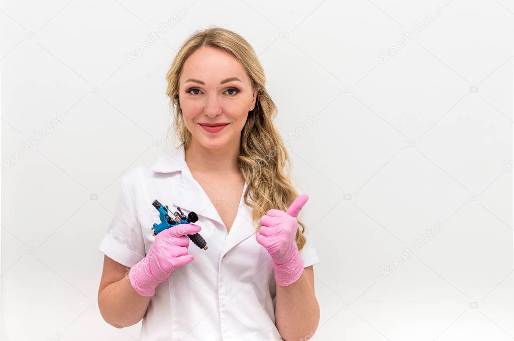 young woman in white lab coat on white background microblasting master