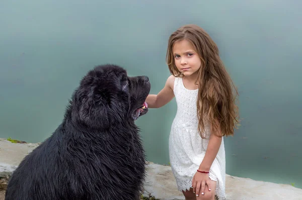 küçük kız ve newfoundland mavi göl arka plan üzerinde