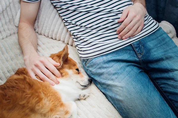 Hund schläft neben seinem Besitzer. Nahaufnahme. Freundschaftskonzept — Stockfoto