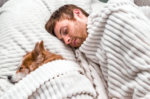 Червоний собака спить маска зі своїм власником у ліжку. Концепція вихідних і відпочинку — стокове фото