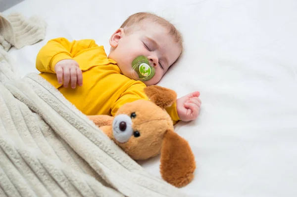 Close Portrait Sleeping Kid Embrace Toy Pacifier His Mouth — Stock Photo, Image