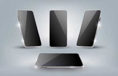 Boş ekran izole şablonları ile gerçekçi akıllı telefon modeli, Ön görünüm, Perspektif görünümü, vektör illüstrasyonu gibi farklı açılar