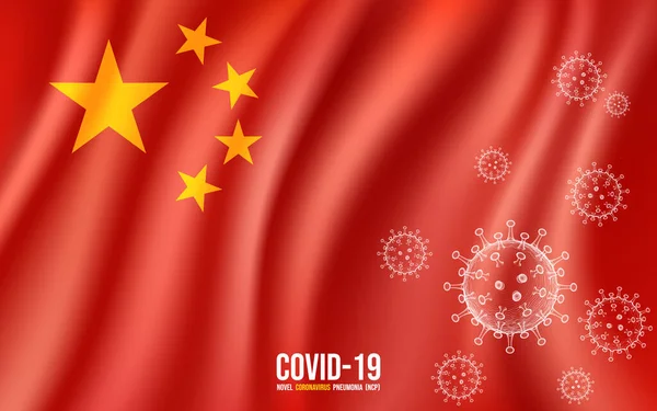 Coronavirus hastalığı COVID-19 enfeksiyonu. COVID-19 adlı Coronavirus hastalığının yeni resmi adı, Çin bayrağı arka planında salgın riski, vektör illüstrasyonu
