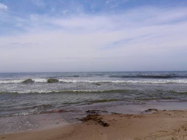 Litvanya 'daki Palanga plajı, kumlu bir sahile yakın yumuşak dalgalarla Baltık Denizi' ne sahiptir. Gökyüzü ışıkla kaplı, dağınık bulutlar, sakin ve huzurlu bir atmosfer yaratıyor.. 