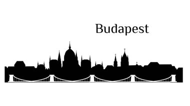 Budapeşte ufuk çizgisinin minimalist vektör ana hatları, beyaz arka planda temiz doğrusal bir şekilde çizilmiş, kubbesi ve kuleleri ile Parlamento binası, Buda Kalesi ve Zincir Köprüsü gibi ikonik simgeler içerir.. 