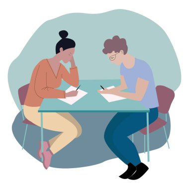 Bir masada oturan, çalışma ve tartışma ile meşgul öğrencilerin vektör illüstrasyonu, basit ayrıntılarla temiz bir asgari biçimde çizilmiş. 