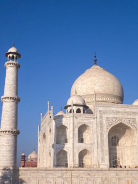 Tac Mahal 'in saf beyaz mermer heykeli, dünyanın yedi harikası, Agra, Hindistan