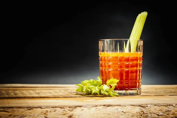 Juicy Red Drink Bloody Mary Piece Green Celery Wooden Table — Stock Photo, Image