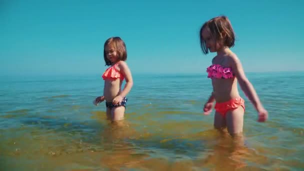 Två Söta Tjejer Baddräkter Spelar Havet Sommaren — Stockvideo