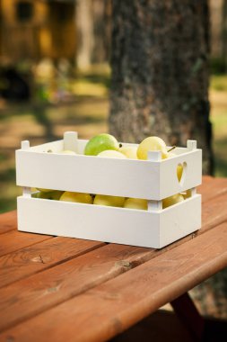 ahşap bir masa üzerinde yeşil lezzetli elma ile beyaz kutu
