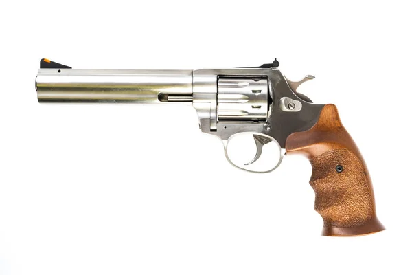 Geïsoleerde Gebruikte Mooie Zilveren Revolver Een Witte Achtergrond — Stockfoto