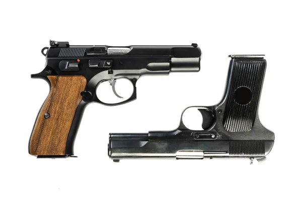 Dos Pistolas Negras Usadas Aisladas Sobre Fondo Blanco —  Fotos de Stock