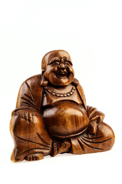 Isolated Wooden Statuette Happy Buddha White Background Royalty Free Stock Photos