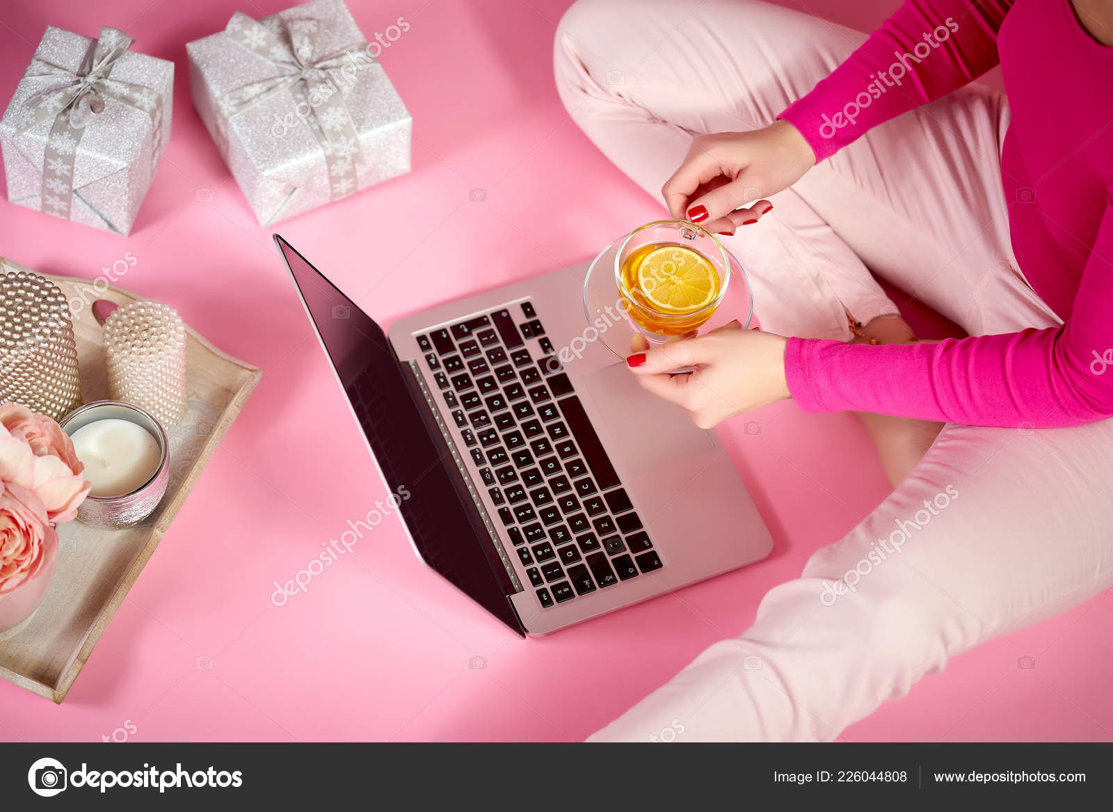 Top View Female Hands Laptop Keyboard Candles Flowers Gifts Light