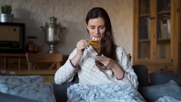 Bir Battaniyeye Sarılmış Lezzetli Çay Içme Kanepede Oturan Güzel Kadın — Stok video