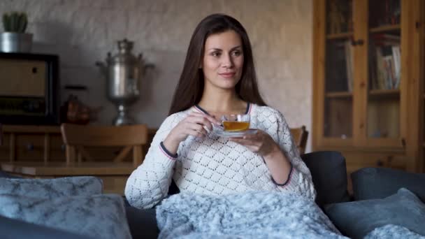 Bela Mulher Sentada Sofá Envolto Cobertor Beber Chá Delicioso — Vídeo de Stock