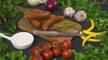 Ahşap oyun tahtası, bıçak siyah bir tabloda farklı sebze ile üç lezzetli sosis