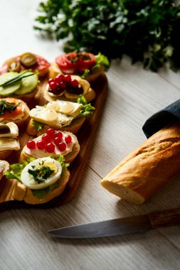 renkli mini sandviç ya da tapas bir bıçak baget ve maydanoz bir tablo ile birlikte kurula