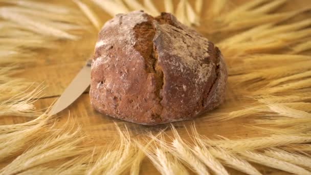 Donker zelfgebakken brood met zonnebloempitten en houten mes en oren van rogge op houten tafel — Stockvideo