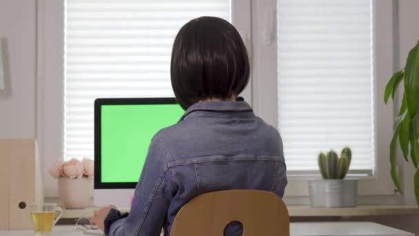 Back view of woman working on computer keyboard in front of display with isolated green screen — Stock Video