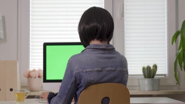 Rückansicht einer jungen Frau, die vor einem Bildschirm mit isoliertem grünen Bildschirm an der Computertastatur arbeitet — Stockvideo