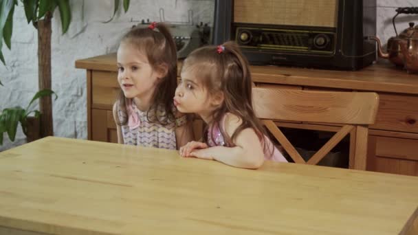 Две маленькие девочки смеются и разговаривают за деревянным столом — стоковое видео
