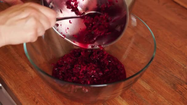 Kvinnan förbereder kall rödbetor soppa i glasskål på träbord — Stockvideo