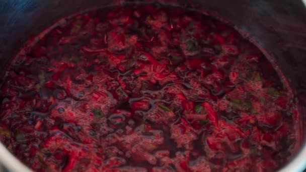 Zbliżenie bordowy wrzącej zupy z Burak w doniczce. — Wideo stockowe