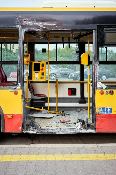 View of devastated city bus after road accident. Stock Photo