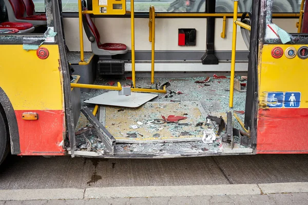 View of devastated city bus after road accident. Stock Photo