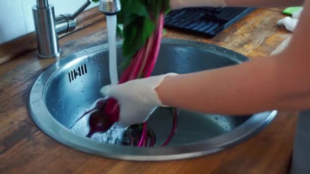 Vista de las manos femeninas en guantes lavando la remolacha en el fregadero de la cocina . — Vídeos de Stock