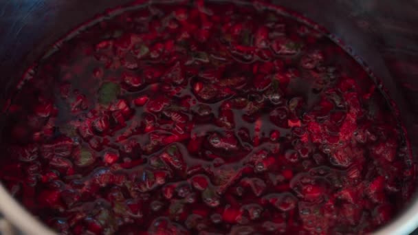 냄비에 버건디 끓는 비트 뿌리 수프의 클로즈업. — 비디오