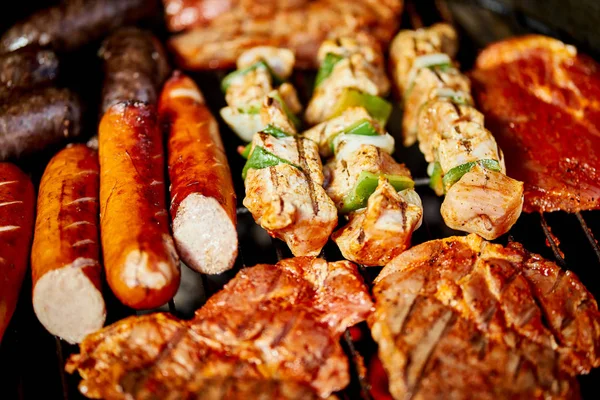花园烤架上热煤上的不同类型多汁肉类 — 图库照片