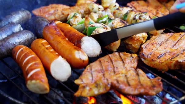 Verschiedene saftige Fleischsorten auf heißen Kohlen auf dem Grill in Zeitlupe — Stockvideo