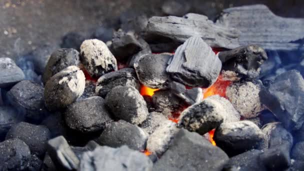 Closeup of glowing coal in metal grill on summer day in slow motion — Stock Video