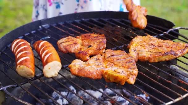 Różne rodzaje soczystych mięs na gorących węgle na grilla w ogrodzie — Wideo stockowe